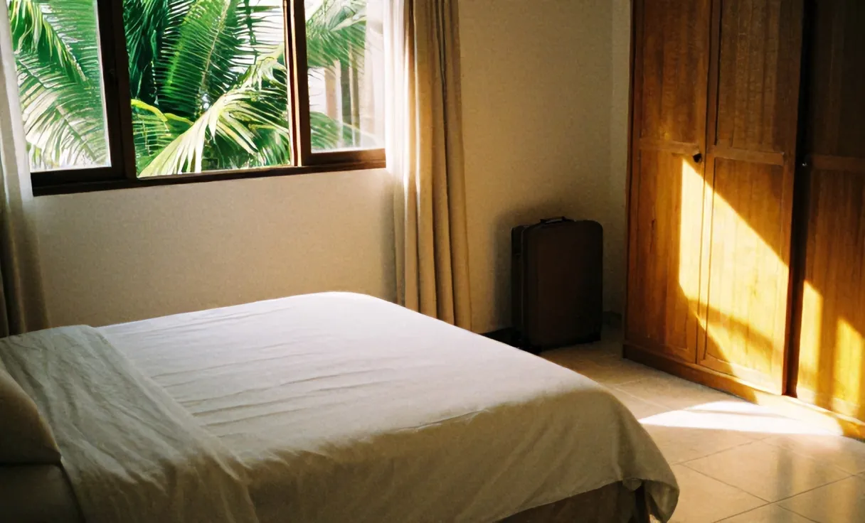 Kamar siap dihuni dengan koper di samping lemari