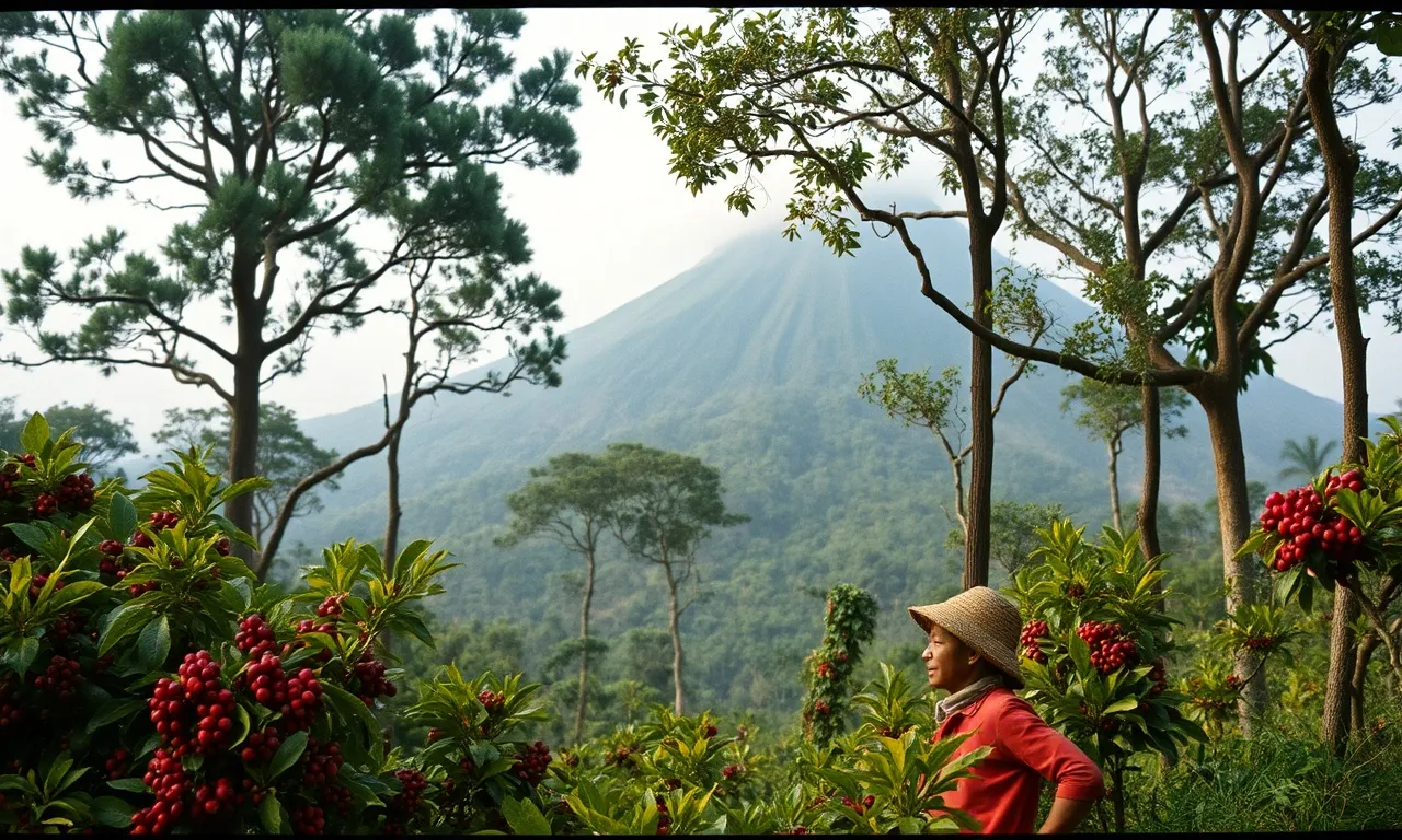 Petani memetik buah kopi merah di kebun lereng Turgo