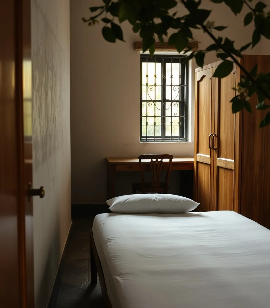 Kamar dengan kasur, lemari, dan meja belajar