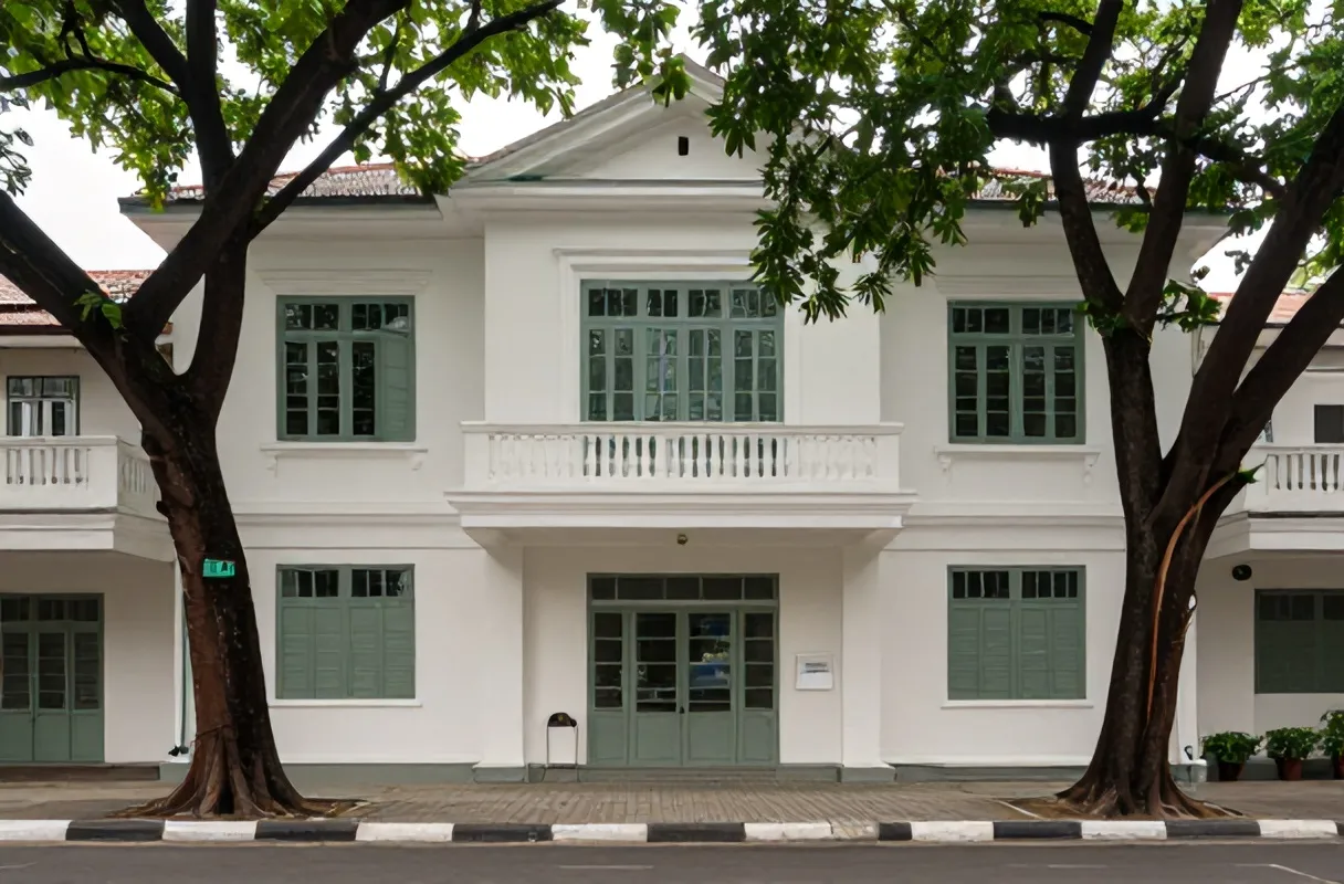 Rumah kolonial putih di bawah pohon trembesi, Jl. Raya Darmo, Surabaya