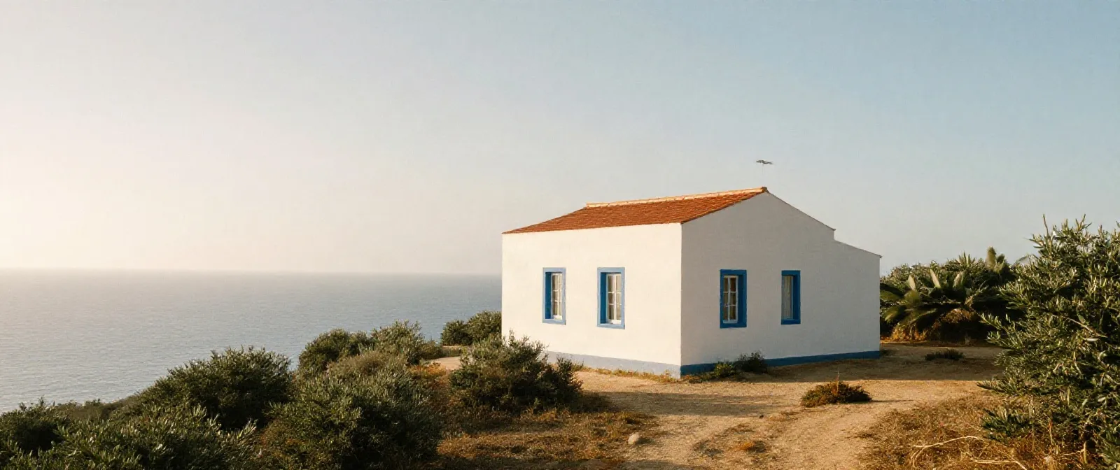 Casa Mirante, a white lime-washed house with blue window trim on the cliff edge