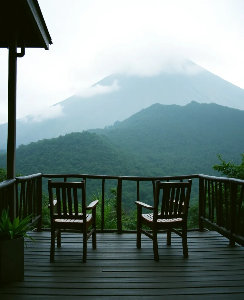 Teras kayu kedai menghadap lereng Merapi yang berkabut