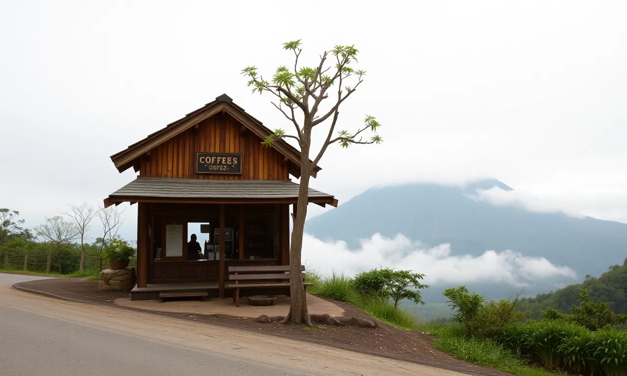 Kedai Lereng di Jalan Kaliurang dengan Merapi di belakangnya