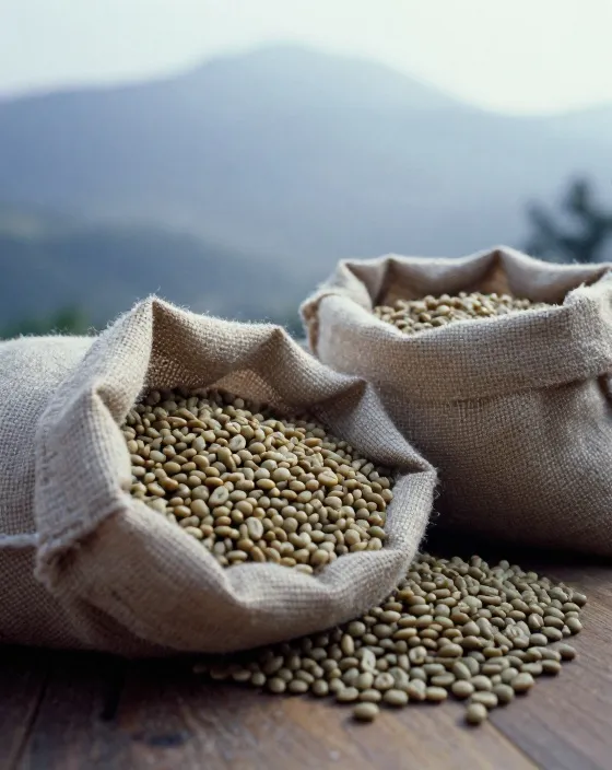 Biji kopi hijau dalam karung goni