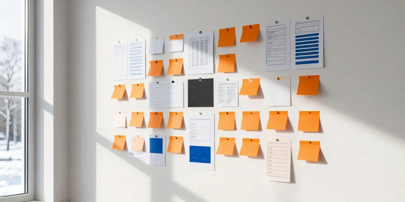 Paper wireframes and sticky notes pinned in a grid on a white studio wall