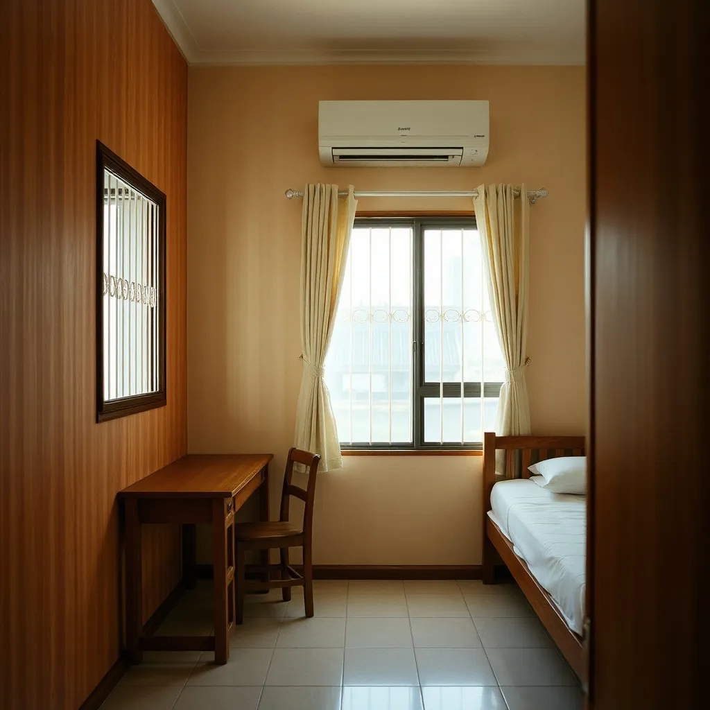 Kamar Wisma Melati dengan meja belajar di bawah jendela, kasur putih, dan AC di dinding