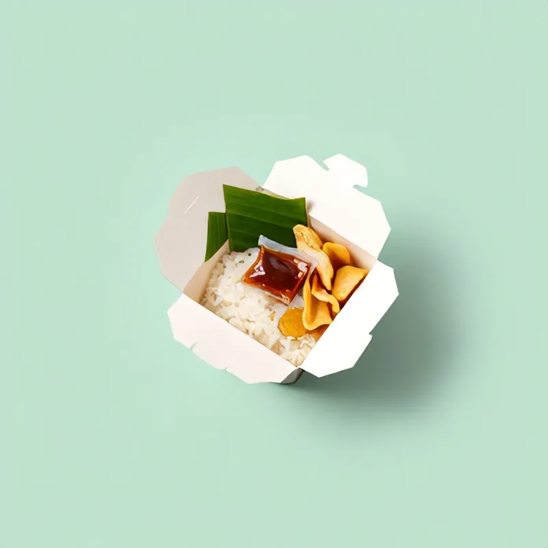 Nasi box karton terbuka berisi nasi, lauk, sambal, dan kerupuk