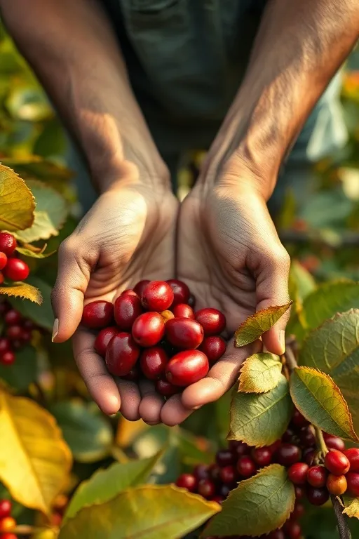 Tangan petani Turgo memegang buah kopi merah