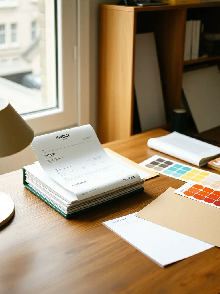 A designer's walnut desk with Pantone swatches and tracing paper