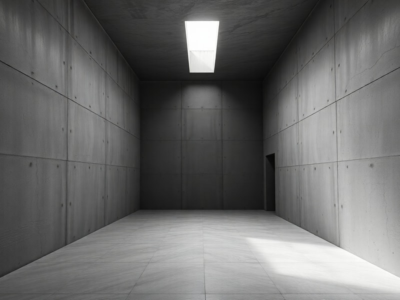 Minimal interior with raw concrete walls and a single shaft of daylight