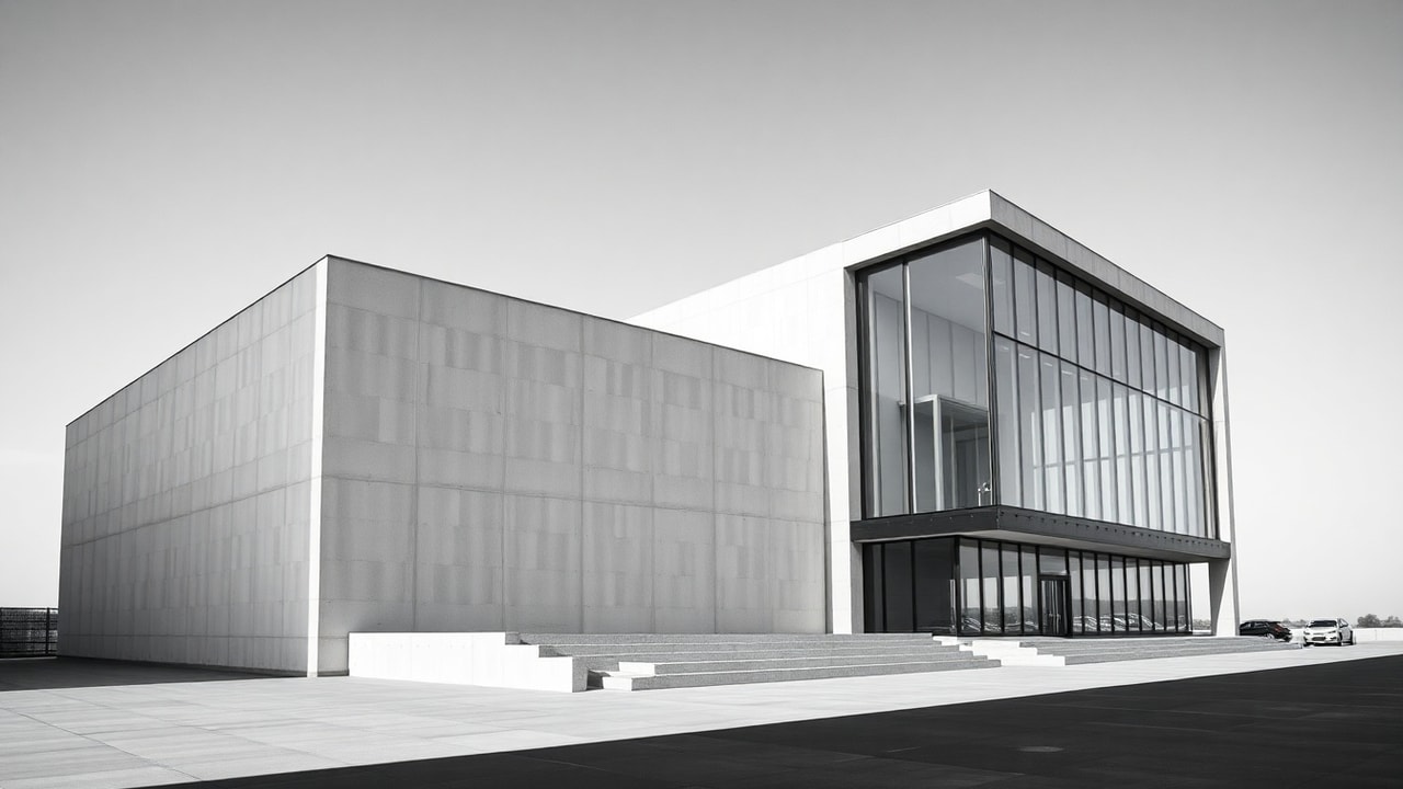 Dramatic wide exterior of a minimal concrete and glass building against a clear sky