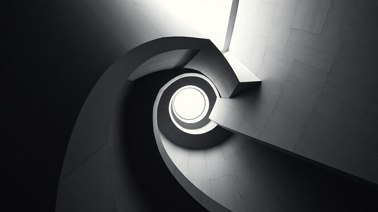 Low-angle of a striking geometric staircase spiraling upward in monochrome