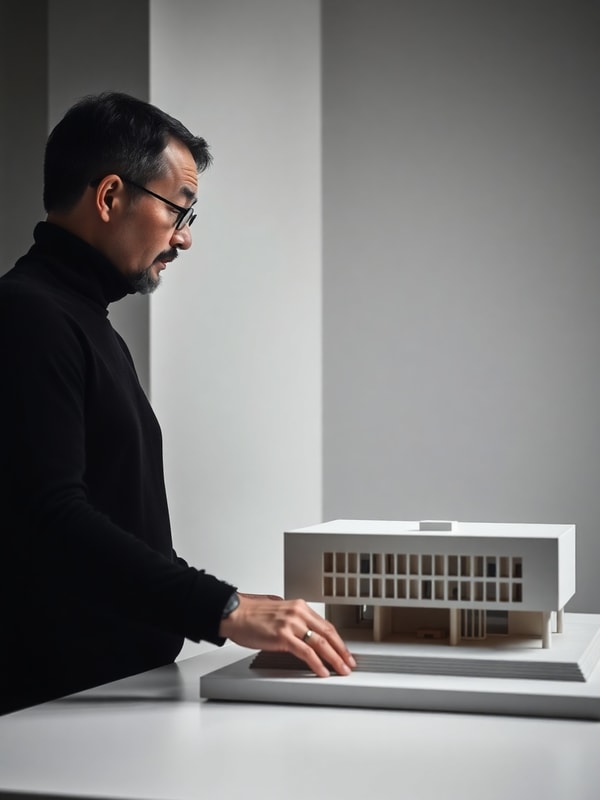 Architect in a dark turtleneck examining a physical scale model in a minimal studio