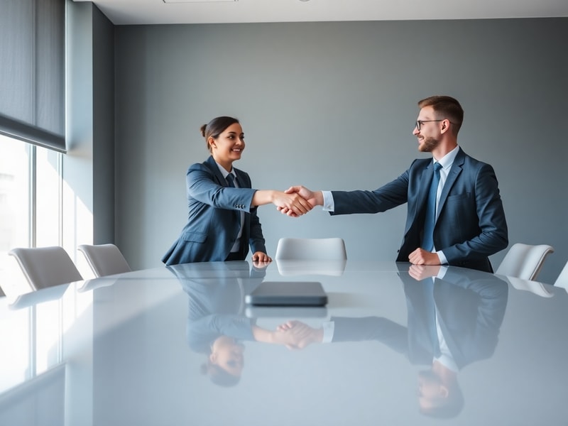 Two business professionals shaking hands across a polished conference table
