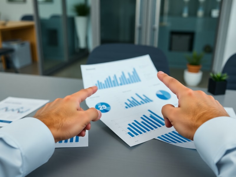 Hands pointing at growth charts and analytics printouts on a desk