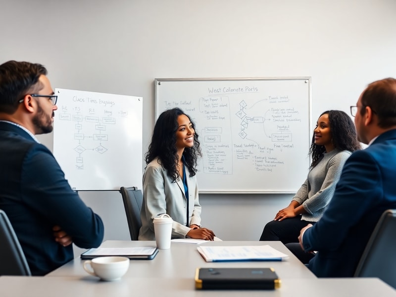 Small diverse team in a strategy meeting around a whiteboard with flow diagrams
