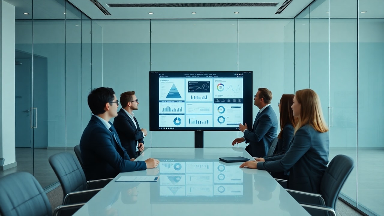 Consultants reviewing strategy on a large monitor in a sleek glass-walled office