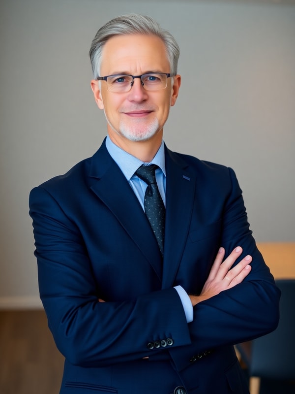 Poised senior business consultant in a tailored navy suit