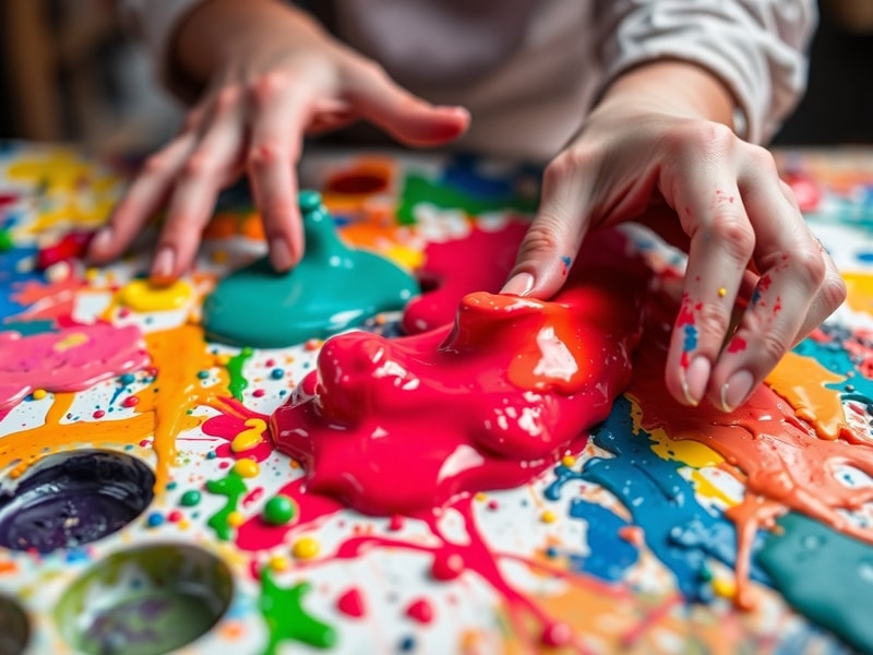 Artist's hands mixing bright paint on a messy palette