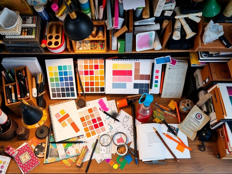 Eclectic maker's desk with art tools, color swatches and sketches