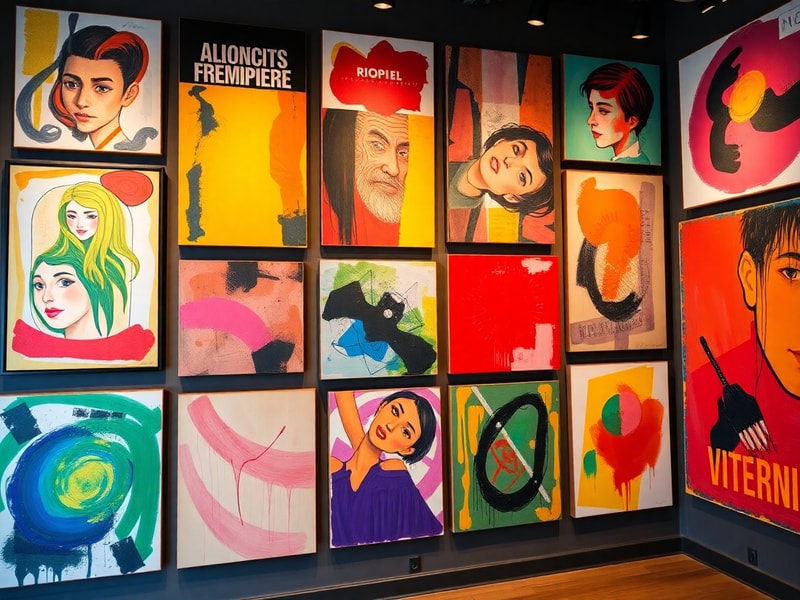 Colorful gallery wall of diverse abstract artworks