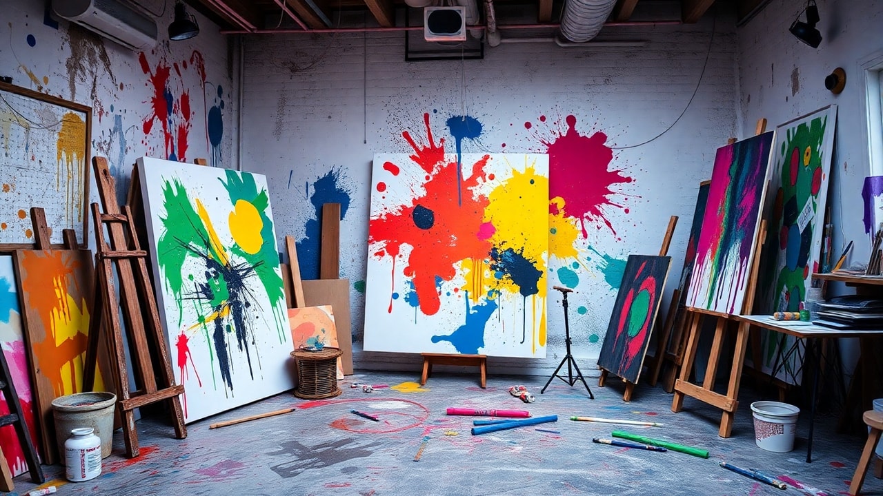 Bold artistic studio scene with vivid splashes of colorful paint and abstract canvases