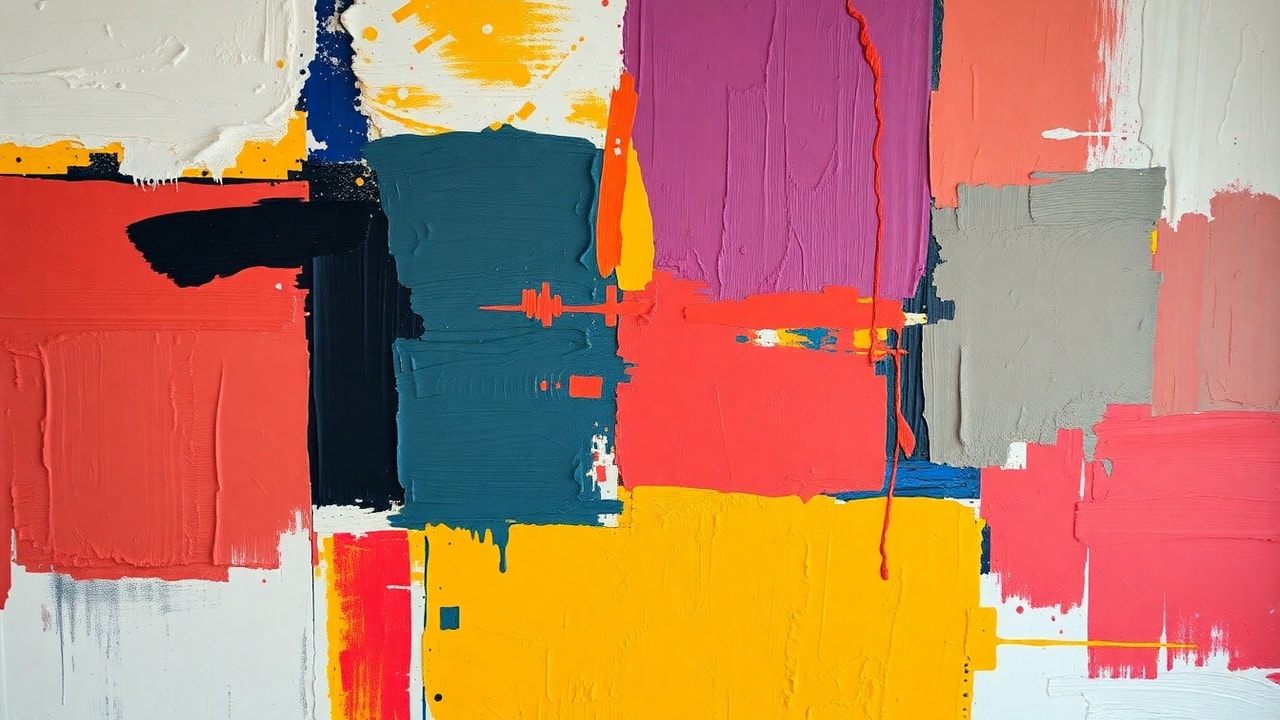 Expressive abstract painting with bold experimental color blocks and dynamic brushstrokes