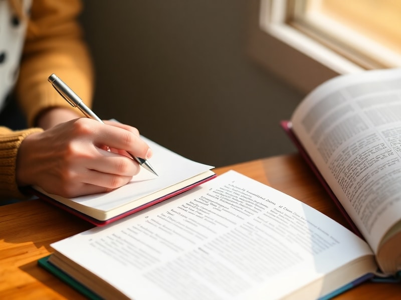 Hands writing notes in a notebook beside an open textbook in warm light