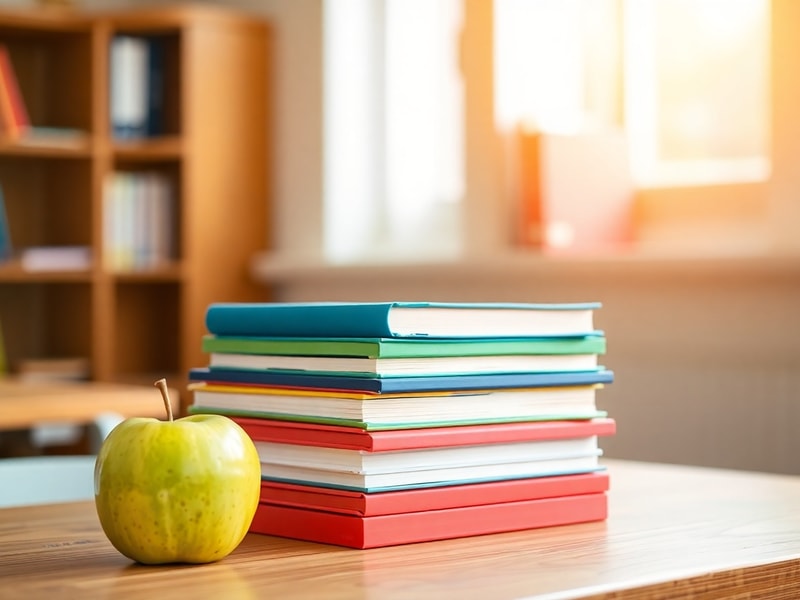 Stack of colorful books and a green apple on a wooden desk