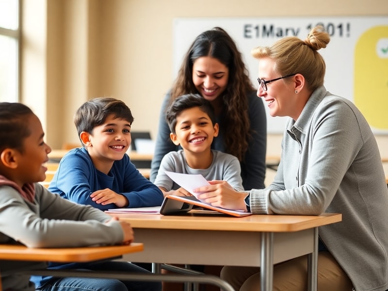 Engaged teacher helping a small group of smiling students at a desk