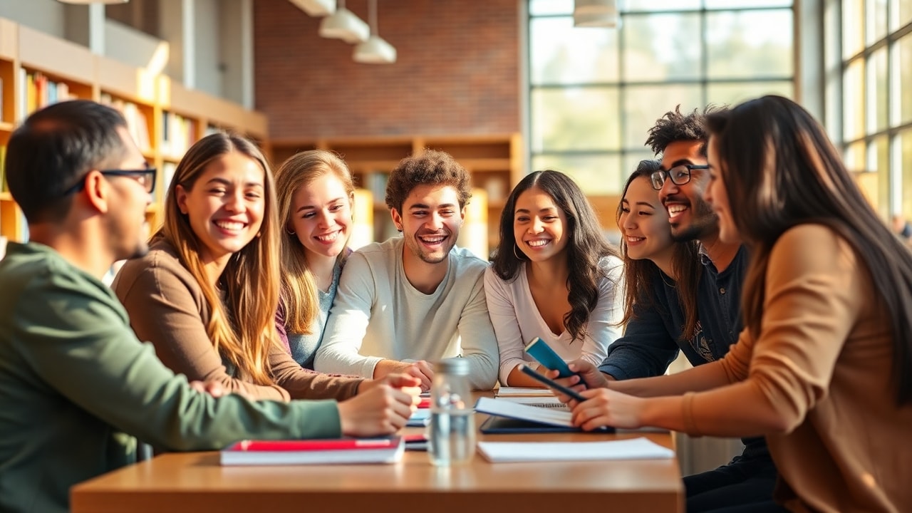 Diverse students collaborating happily at a table in a sunny campus library