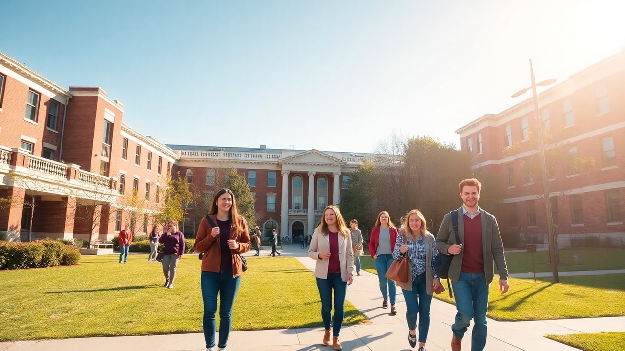 Cheerful university campus quad with students walking on a sunny day