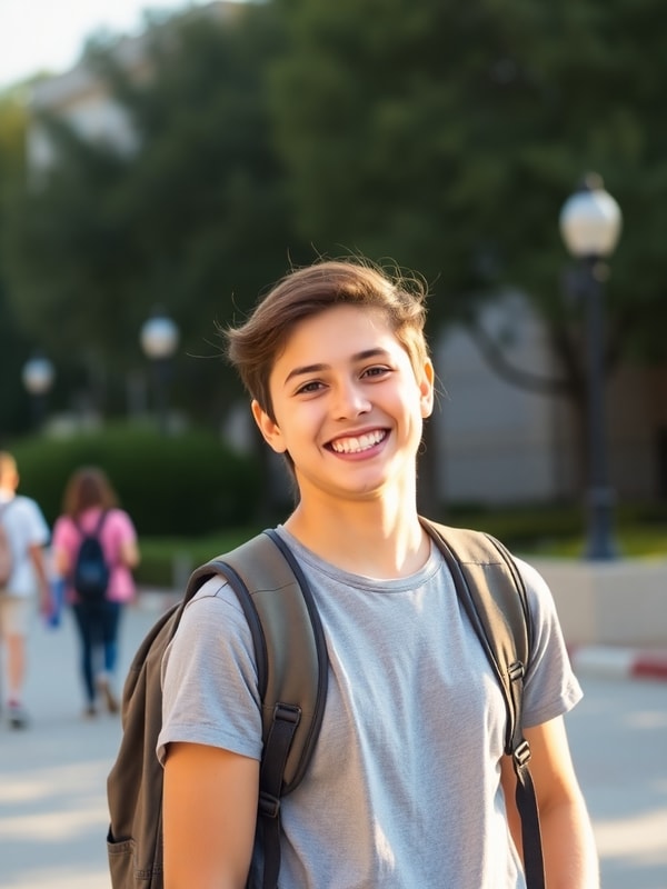 Friendly young student with a backpack smiling on campus in warm light
