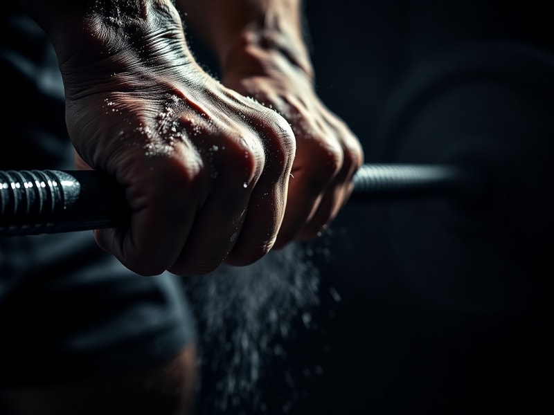 Hands gripping a loaded barbell with sweat and chalk in dramatic shadow