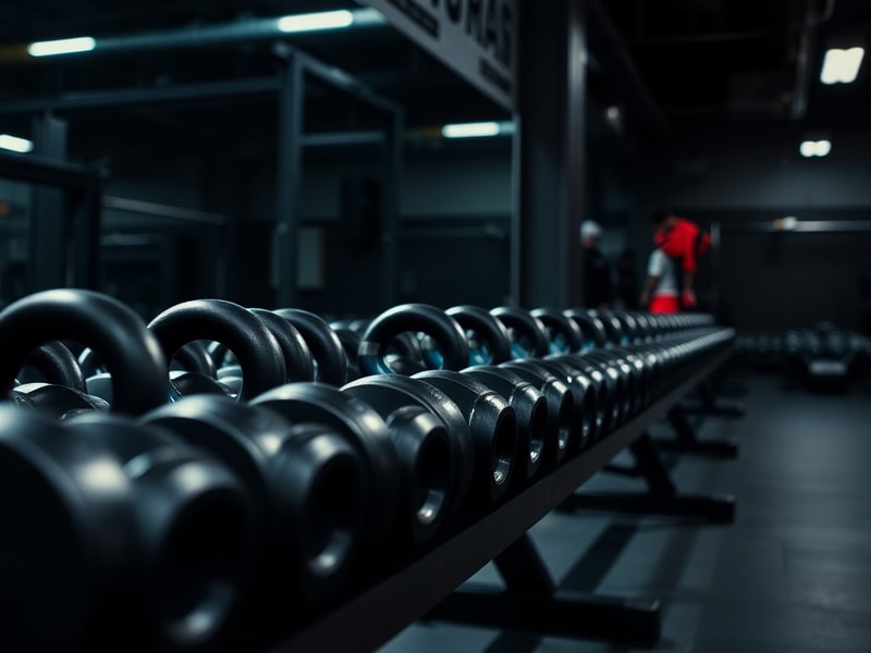 Rows of dumbbells and kettlebells on a rack in a moody industrial gym