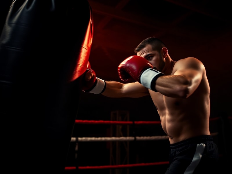 Boxer hitting a heavy bag with motion blur in a dark atmosphere