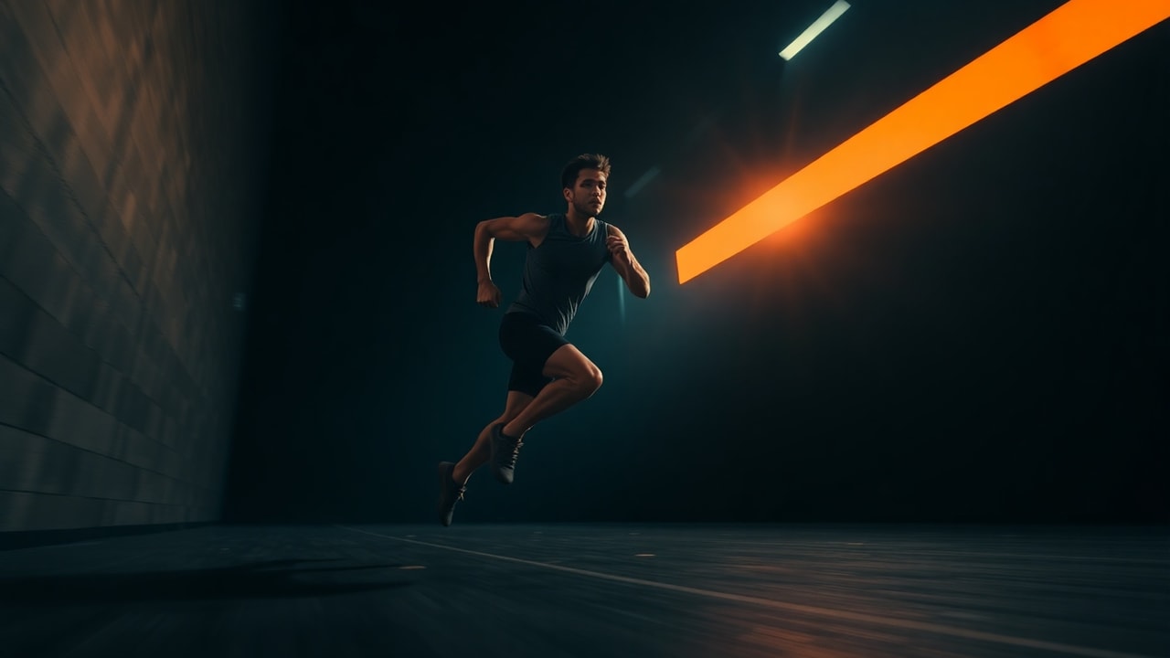 Athlete sprinting in a dark gym lit by a single bold orange accent with motion blur
