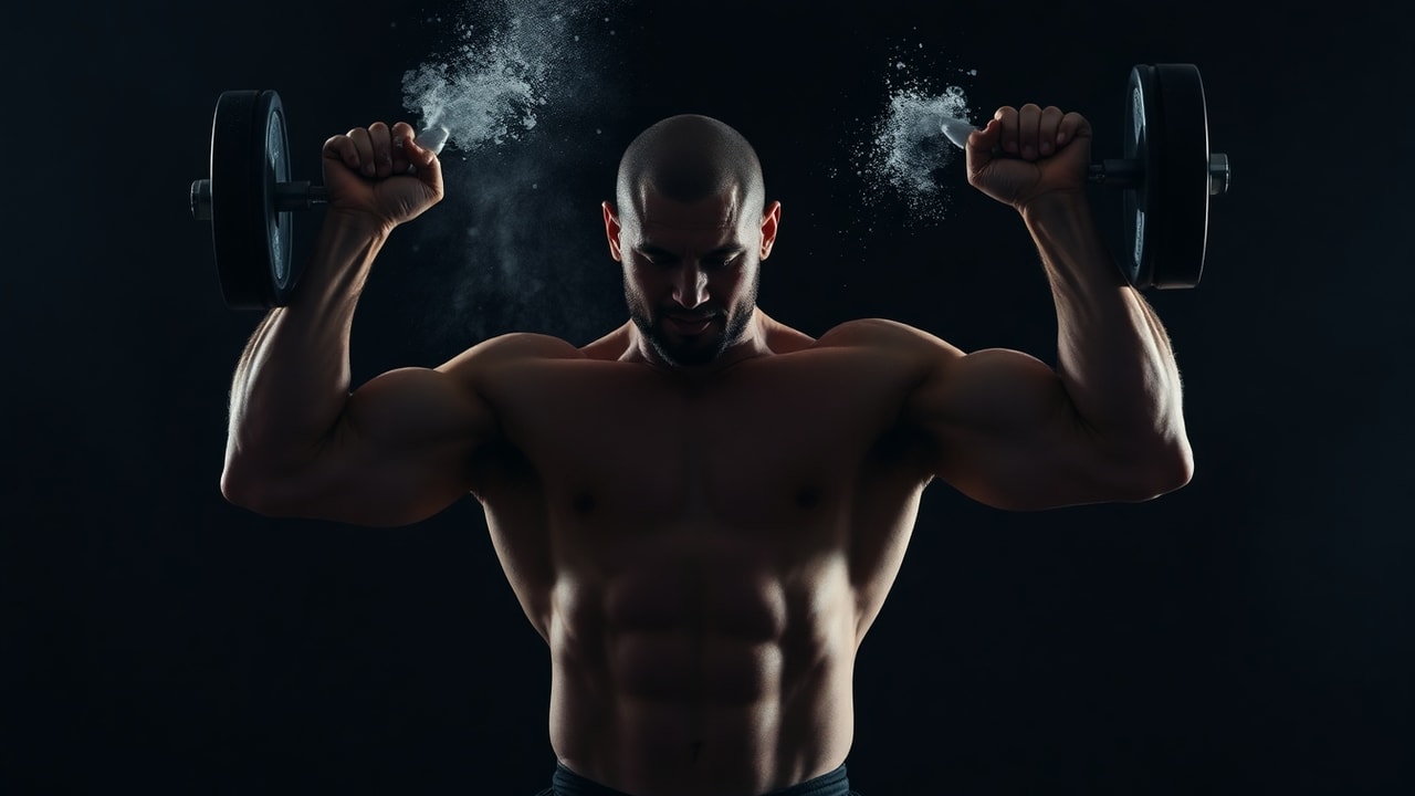 Muscular person mid-lift with chalk dust flying against a dark moody background