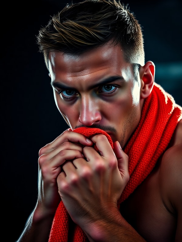 Determined athlete catching breath with a towel, intense gaze in a dark studio