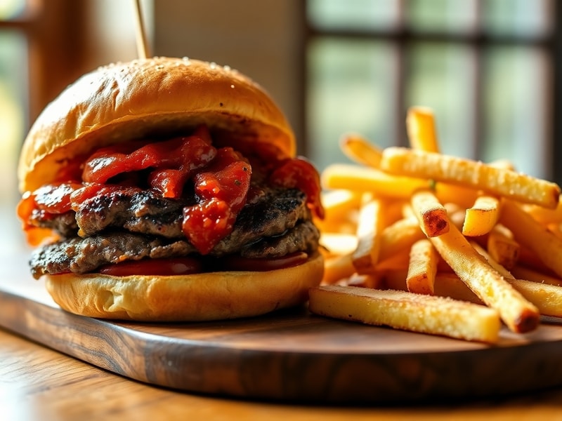 Gourmet burger and fresh-cut fries on a wooden board