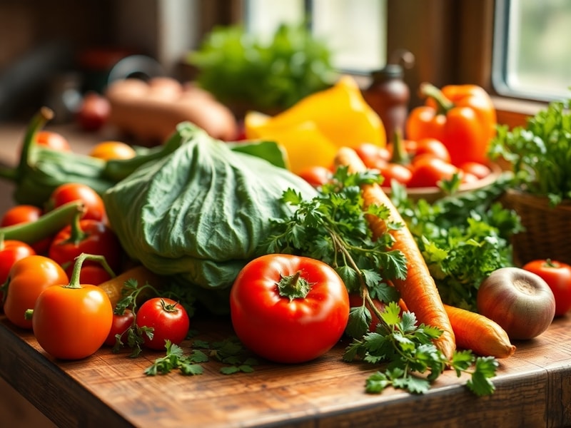 Fresh seasonal vegetables and herbs arranged on a rustic countertop