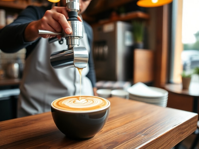 Barista pouring latte art into a ceramic cup on a cafe counter