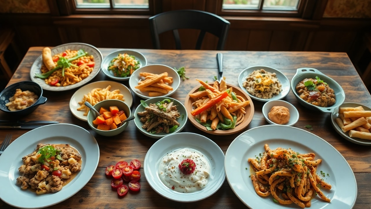 Overhead spread of a rustic dining table full of colorful gourmet dishes