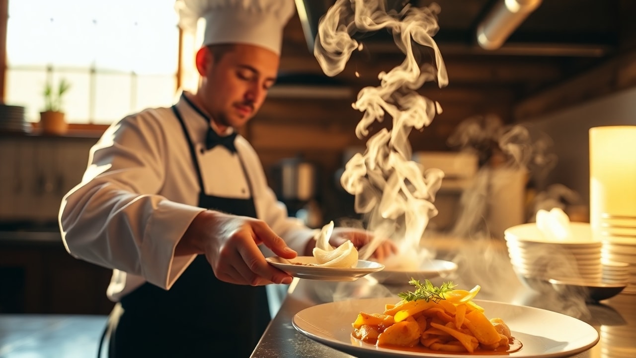 Chef plating a refined dish in a warm restaurant kitchen with steam rising