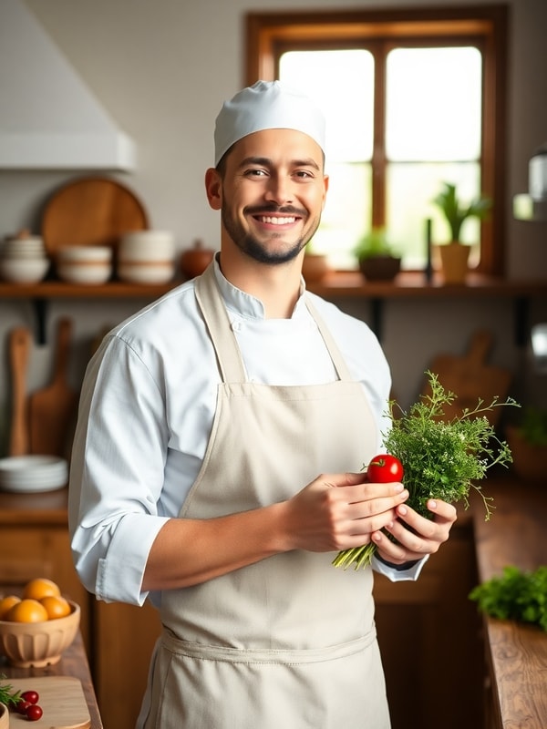 Friendly chef in a clean apron smiling in a warm kitchen holding fresh ingredients