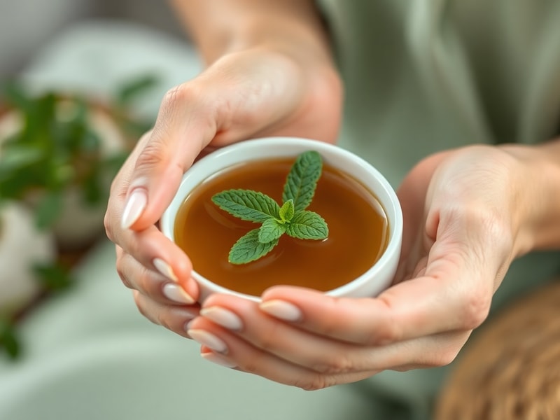 Hands cupping a warm herbal tea with fresh mint