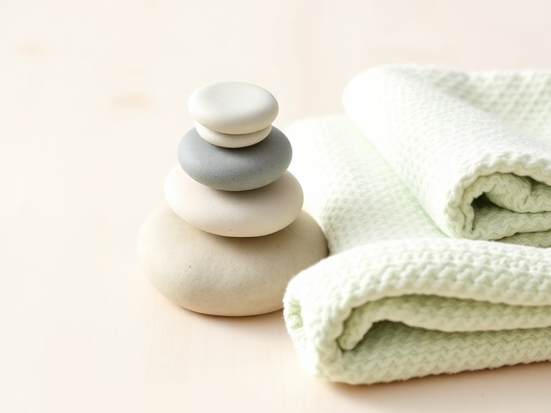 Smooth stacked massage stones and a folded towel on a light wooden surface