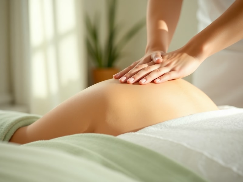 Gentle hands giving a relaxing shoulder massage in a soft-lit treatment room