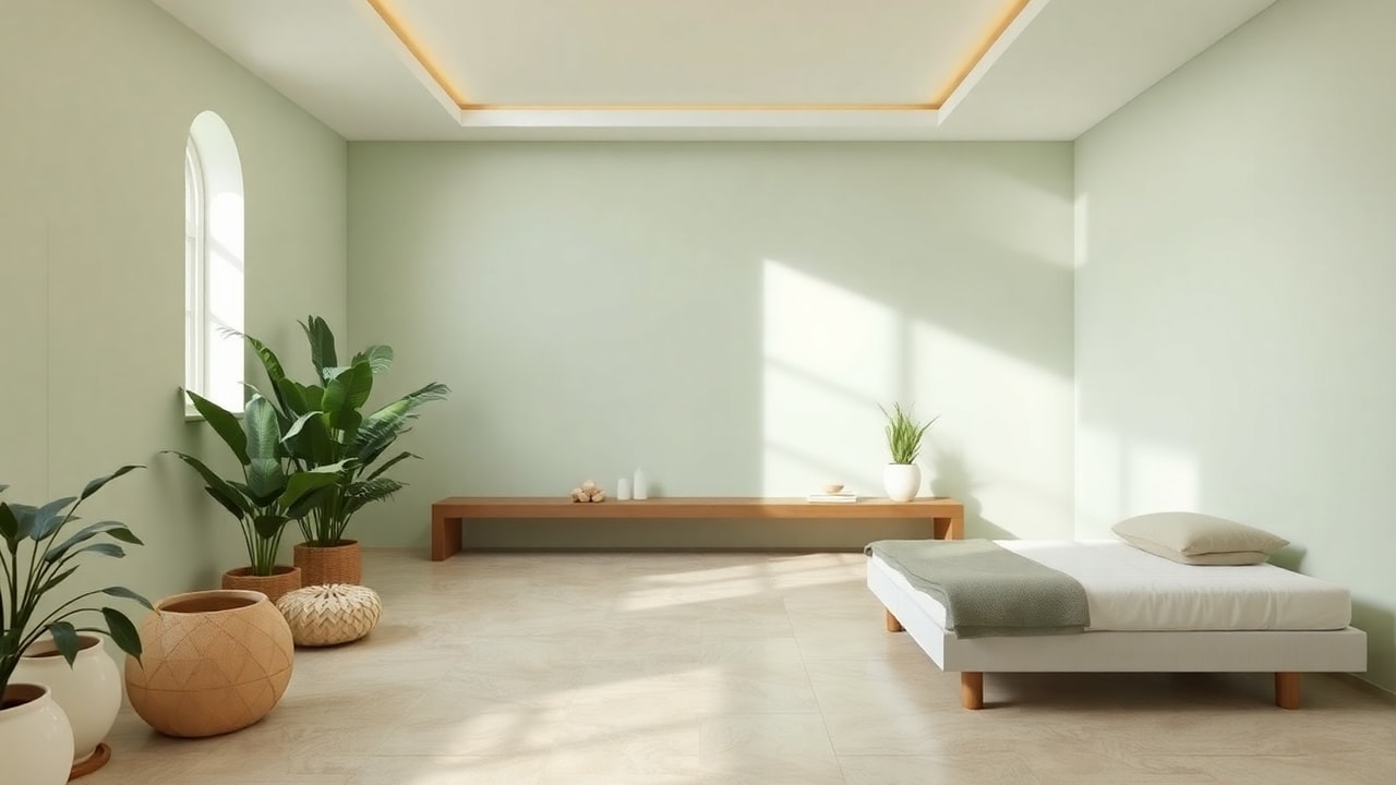 Serene calm spa interior with soft sage-green tones, plants and natural light