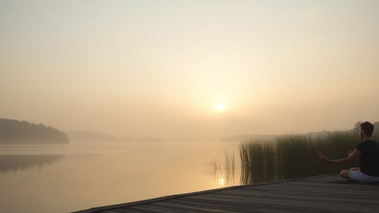 Peaceful person doing yoga at sunrise by a quiet lake with soft pastel sky